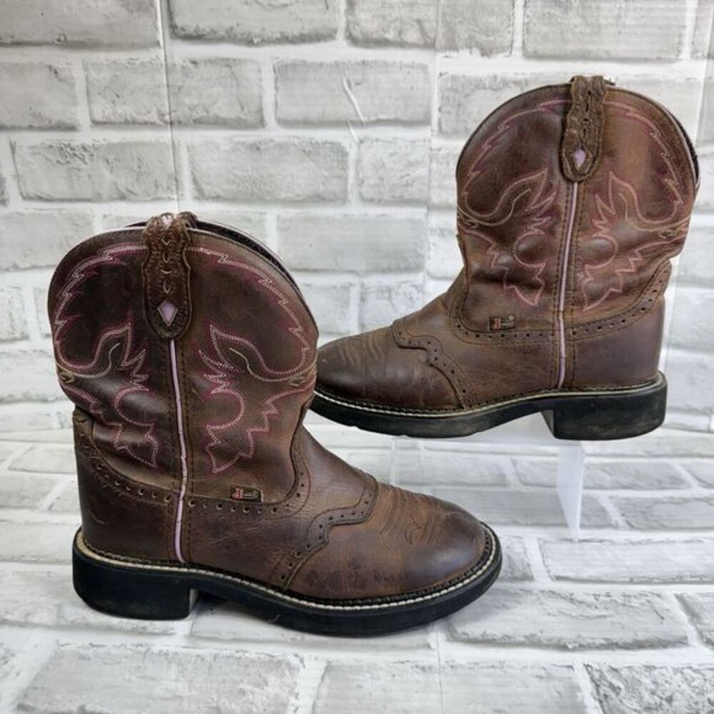 Justin Boots Dark Brown Ankle Booties with Pink Embroidery